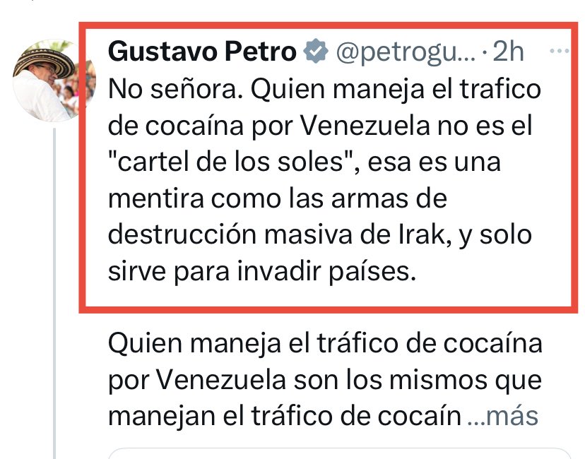 Miller Soto (@millersoto) on Twitter photo Es gravísimo que el presidente de Colombia <a href="/petrogustavo/">Gustavo Petro</a> acuse a Estados Unidos y a <a href="/POTUS/">President Donald J. Trump</a> de inventar la mentira del cartel de los soles para tener el pretexto de invadir.
Semejante afirmación debería ser explicada. Impresionante!! Es gravísimo que el presidente de Colombia <a href="/petrogustavo/">Gustavo Petro</a> acuse a Estados Unidos y a <a href="/POTUS/">President Donald J. Trump</a> de inventar la mentira del cartel de los soles para tener el pretexto de invadir.
Semejante afirmación debería ser explicada. Impresionante!!