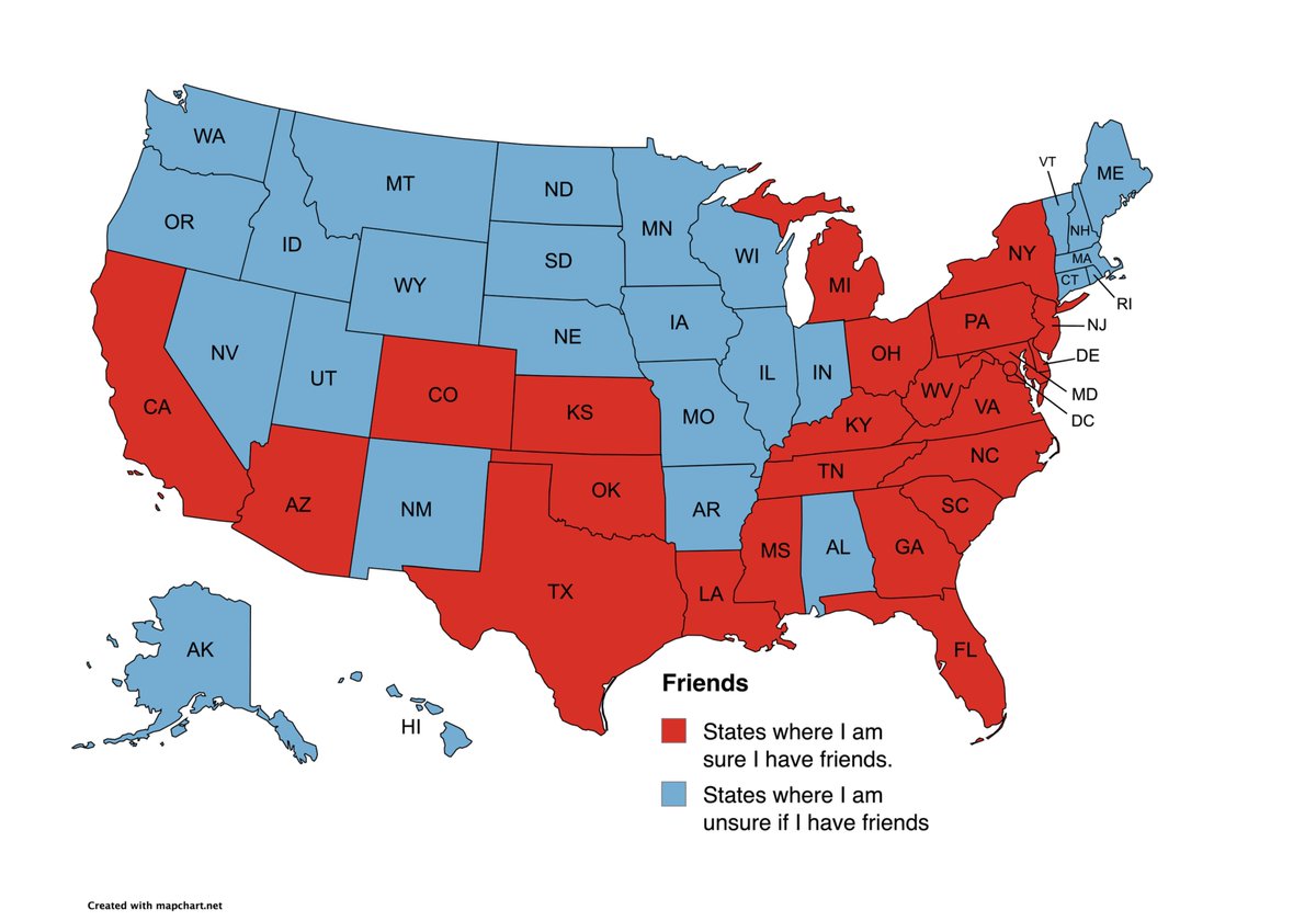 Friends map. 
Places I might have friends.
Places I might still need to make friends.
