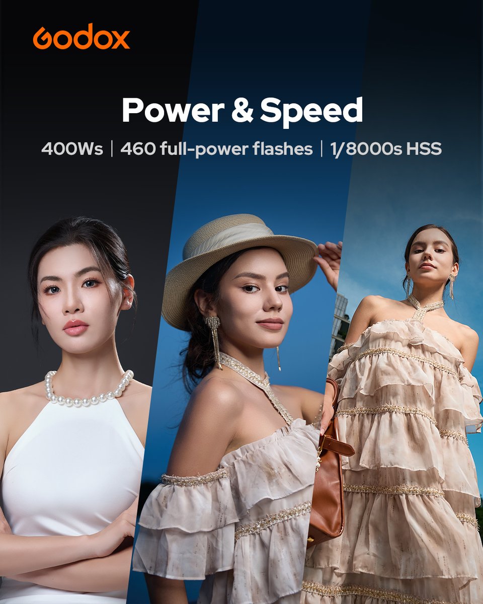 GodoxGlobal's tweet image. Meet the Godox AD400ProII
⚡ 400Ws | 460 pops
❄️ Freeze Mode: 1/27,770s
🌡️ ±75K Color-Stable Mode
🎚️ 1/512 Power Control
💡 30W Bi-Color Modeling Lamp
📶 One-Tap X3 Sync
📺 Color TFT Screen
🔗 Universal Modifiers
RRP: $649
#Godox #AD400ProII #FlashPhotography #400Ws