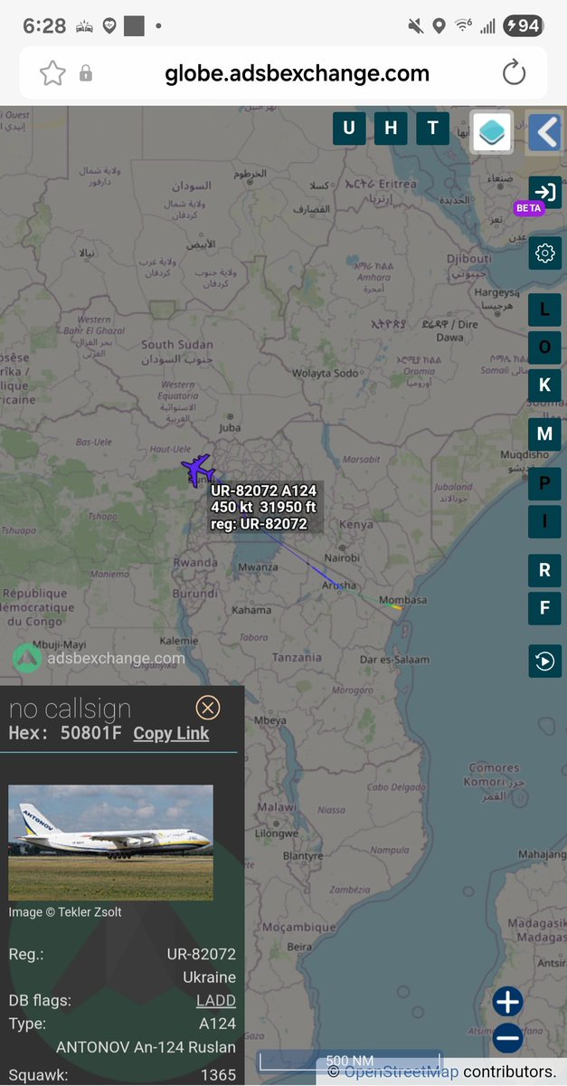 Borrowed7Time's tweet photo. Antonov Airlines An-124-100 UR-82072 #50801F out of Mombasa, tracking NW. Flight originated at Abu Dhabi.
H/T to @raptor_intel for the spot!
@sipjack1776 @Dinlas3 @LadyAstroJet https://t.co/DhDjMVEHKd