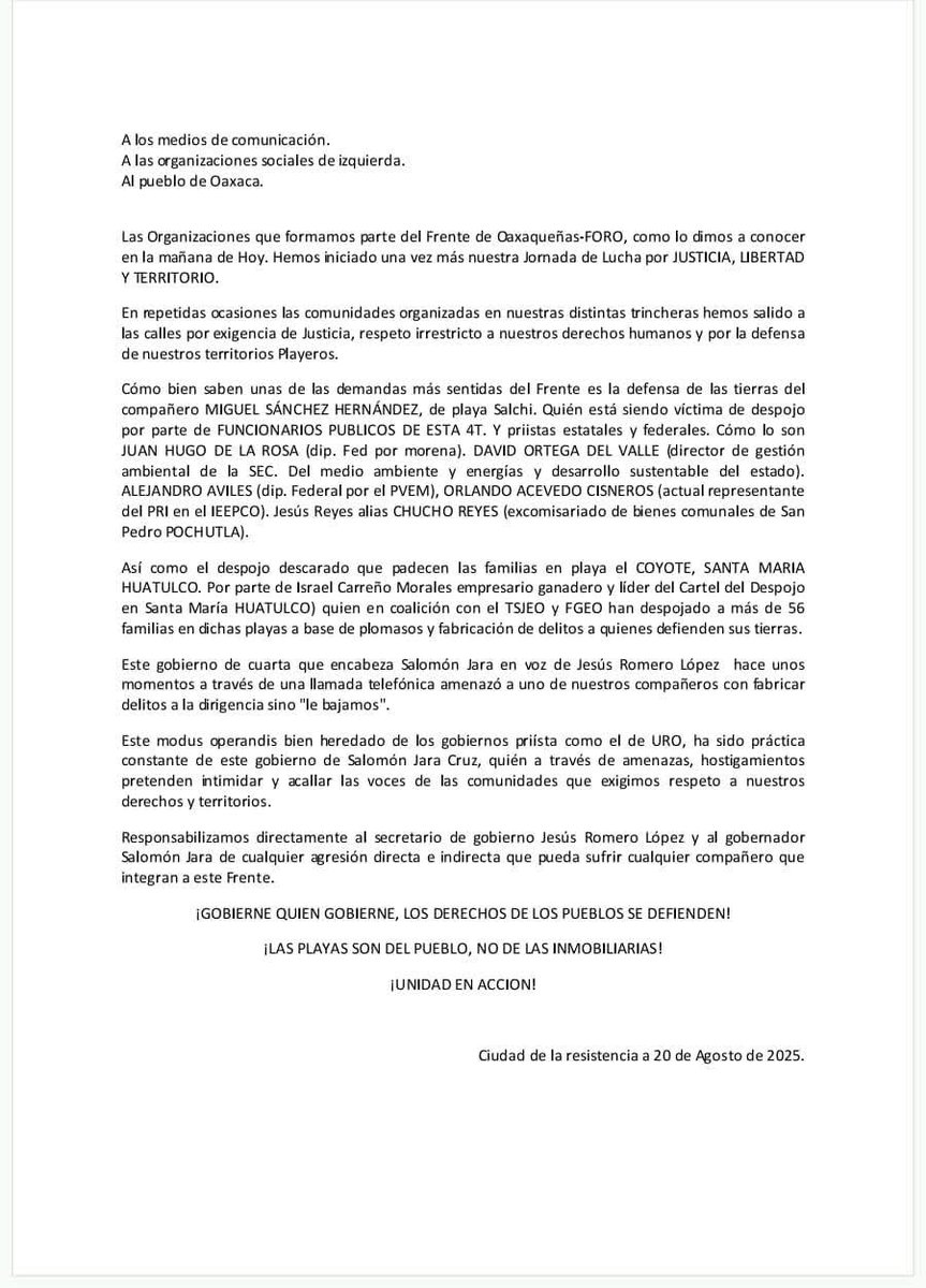 #ATENCIÓN 🚨‼️|| El Frente de Organizaciones Oaxaqueñas (FORO) denunció que el secretario de Gobierno, Jesús Romero López, amenazó con “fabricar delitos” si no frenan sus protestas. Responsabilizan al gobernador Salomón Jara de cualquier agresión y acusan que la actual
