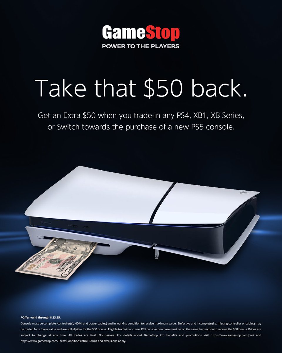 DiscussingFilm's tweet image. GameStop is giving an extra $50 in trade credit for a new PS5 when you trade in any PS4, Xbox One/Series and Nintendo Switch.
This is in response to the price hikes on PS5 consoles.
