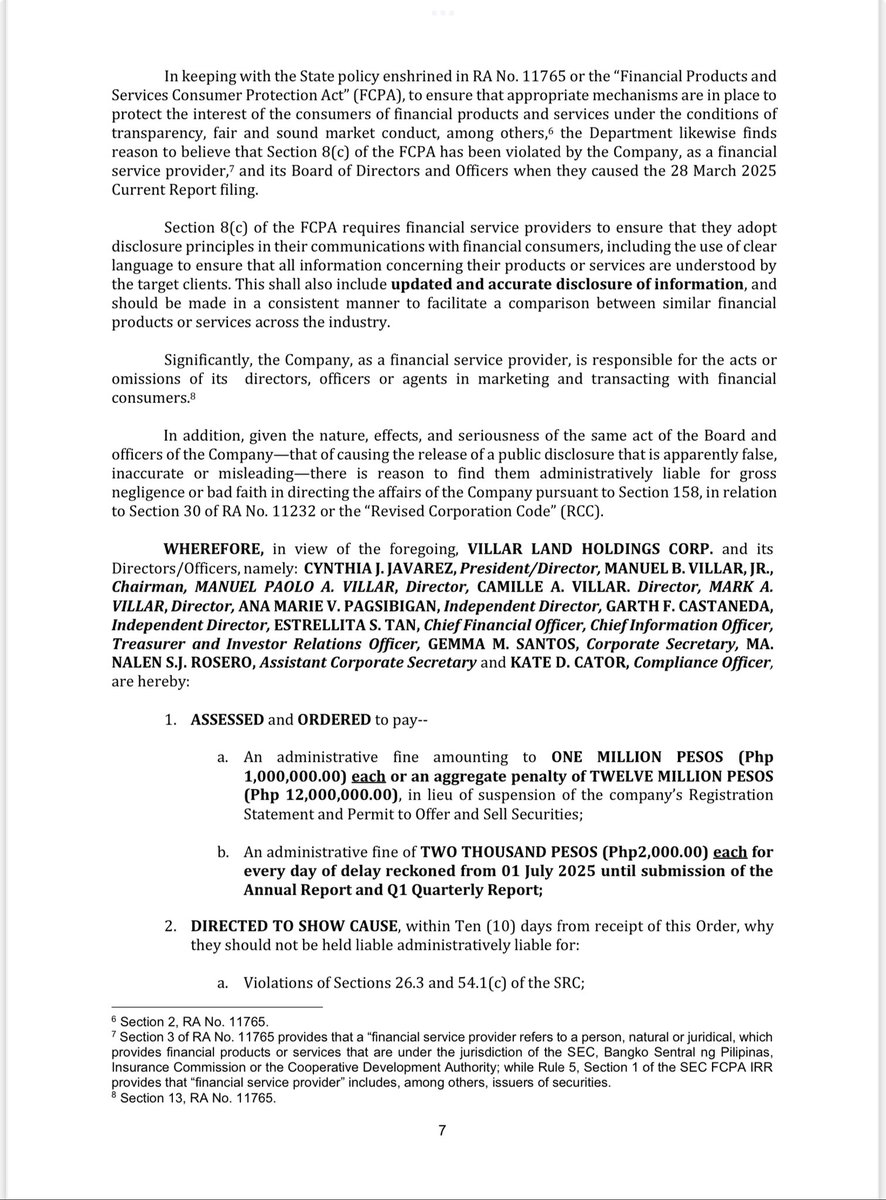 RevinOchave's tweet photo. The Securities and Exchange Commission has imposed at least P12-M in administrative fines on Villar Land Holdings Corp. and its directors and officers for failure to submit its audited financial statements on time. @bworldph https://t.co/ZtzasTcIn4
