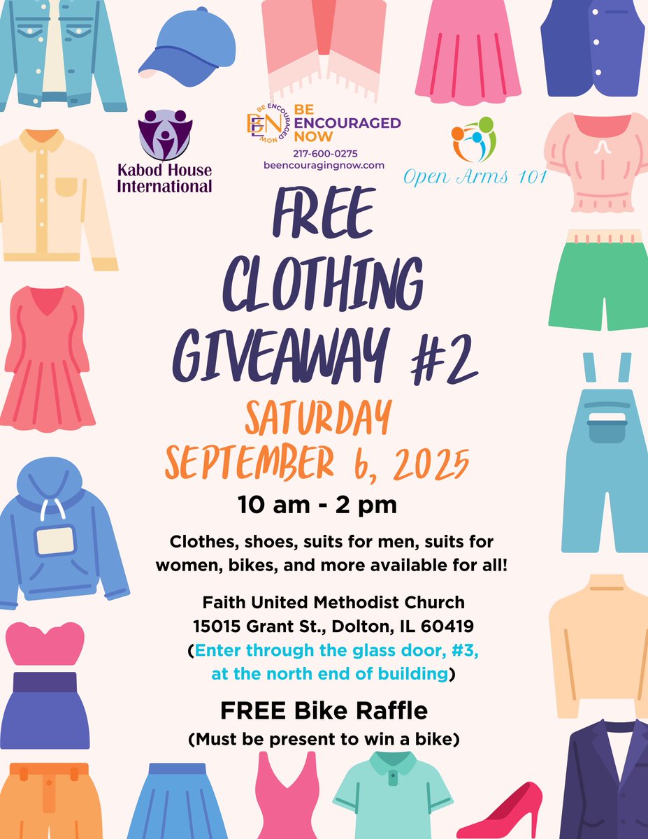 101Arms's tweet photo. 🎉 FREE Clothing Giveaway #2!
🗓️ Sat, Sept 6 | 10AM–2PM
📍15015 Grant St., Dolton, IL
👕 Suits, shoes, kids’ clothes &amp; more
🎟️ Bike Raffle – must be present to win!
#KHI #OA101 #BeEncouragedNow #FreeEvent #DoltonIL https://t.co/6iXvsgn9Of