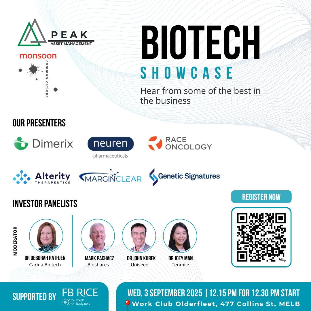 Our CEO, Dr Deborah Rathjen, will moderate the investor panel at #BiotechShowcase 2025 hosted by <a href="/PeakAsset1/">@PeakAsset</a> &amp; <a href="/MonsoonComms/">Monsoon Communications</a>—joined by experts from Bioshares, <a href="/UniseedFund/">UniseedFund</a> &amp; Tenmile. 

🔗Register now: bit.ly/ZOOM-BiotechSh…