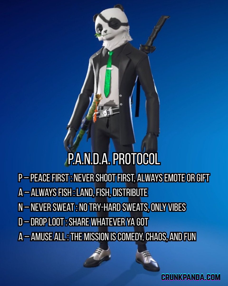 TheCrunkPanda's tweet photo. What if #AgentPatch in #Fortnite really isn’t here for chaos, what if he is here for the vibes? I’ll be dedicating streams to pursuing my new #PANDAProtocol
You should watch
https://t.co/4k96bR4C5W https://t.co/i78cNoXgZP