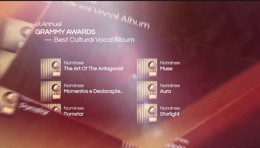 #GRAMMYs |🏆 Indicados a Best Cultural Vocal Album

Eva – “The Art Of The Antagonist”        
Ky – “Momentos e Declarações de Amor”
Brenno – “Pornstar”  
Star – “Starlight”        
SUE – “Muse”
Aura – “AURA”