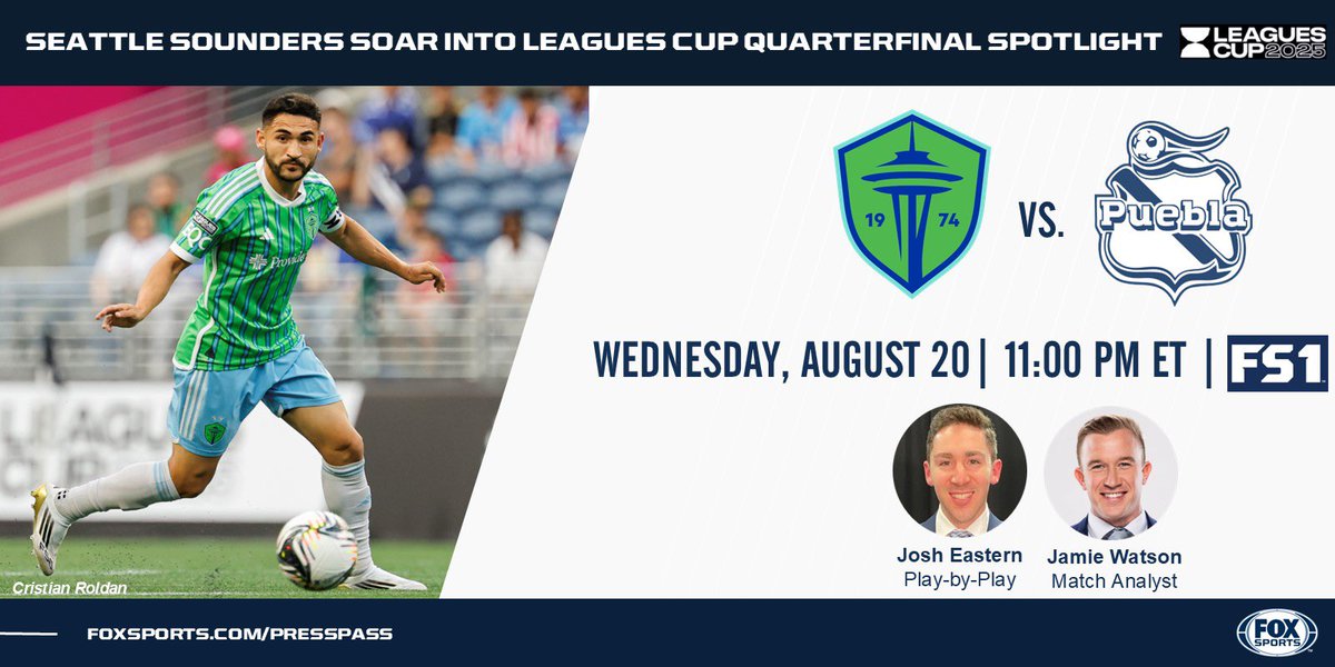 FOX Sports PR (@foxsportspr) on Twitter photo #LeaguesCup2025 Quarterfinals continue tonight on <a href="/FS1/">FS1</a> at 11 PM ET with <a href="/SoundersFC/">Seattle Sounders FC</a> vs. <a href="/ClubPueblaMX/">Club Puebla🎽</a>.
⚽️ 🎙️: <a href="/JoshEastern/">Josh Eastern</a> & <a href="/jamiewatson77/">Jamie Watson</a> #LeaguesCup2025 Quarterfinals continue tonight on <a href="/FS1/">FS1</a> at 11 PM ET with <a href="/SoundersFC/">Seattle Sounders FC</a> vs. <a href="/ClubPueblaMX/">Club Puebla🎽</a>.
⚽️ 🎙️: <a href="/JoshEastern/">Josh Eastern</a> & <a href="/jamiewatson77/">Jamie Watson</a>
