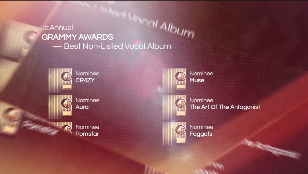 #GRAMMYs |🏆 Indicados a Best Non-Listed Vocal Album

Lia – CR4ZY
Aura – AURA
Brenno – Pornstar
SUE – Muse
Eva - The Art Of The Antagonist
LUV - FAGGOTS