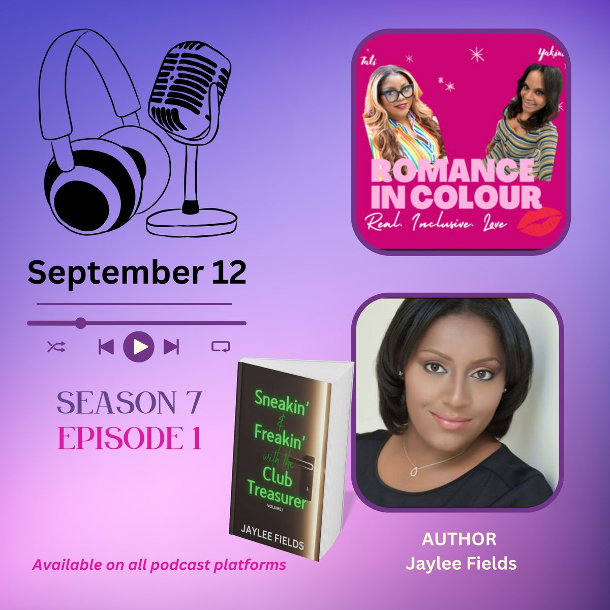 MARK YOUR CALENDARS~~
September 12th
Romance in Colour will be back to grace your airwaves (or streams).  We are so glad to kick off the season with indie author Jaylee Fields. 
She is a Black romance author who has been self-publishing since 2023 with her first release, Hunted