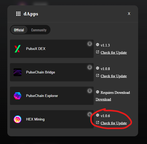 lunarshard52's tweet photo. It appears that an updated version of the HEX dApp is available on the official HEX gitlab.

If you are using the desktop version of the PulseChain Dashboard, don't forget to click "Check for Update" to update to the latest version.