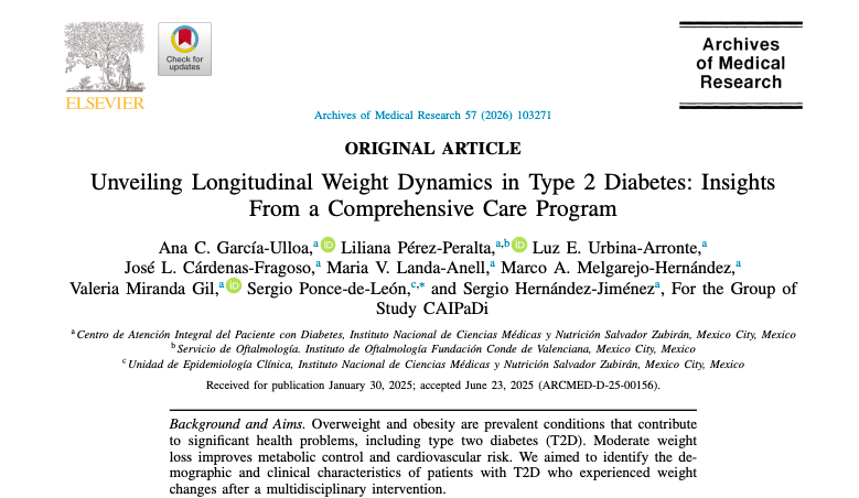 García-Ulloa AC, et al. "Unveiling Longitudinal Weight Dynamics in Type 2 Diabetes: Insights From a Comprehensive Care Program." 
sciencedirect.com/science/articl… 

🩺 Población con DT2 + obesidad.
🔍 Caracterización de quienes no perdieron peso → útil para estrategias futuras.
