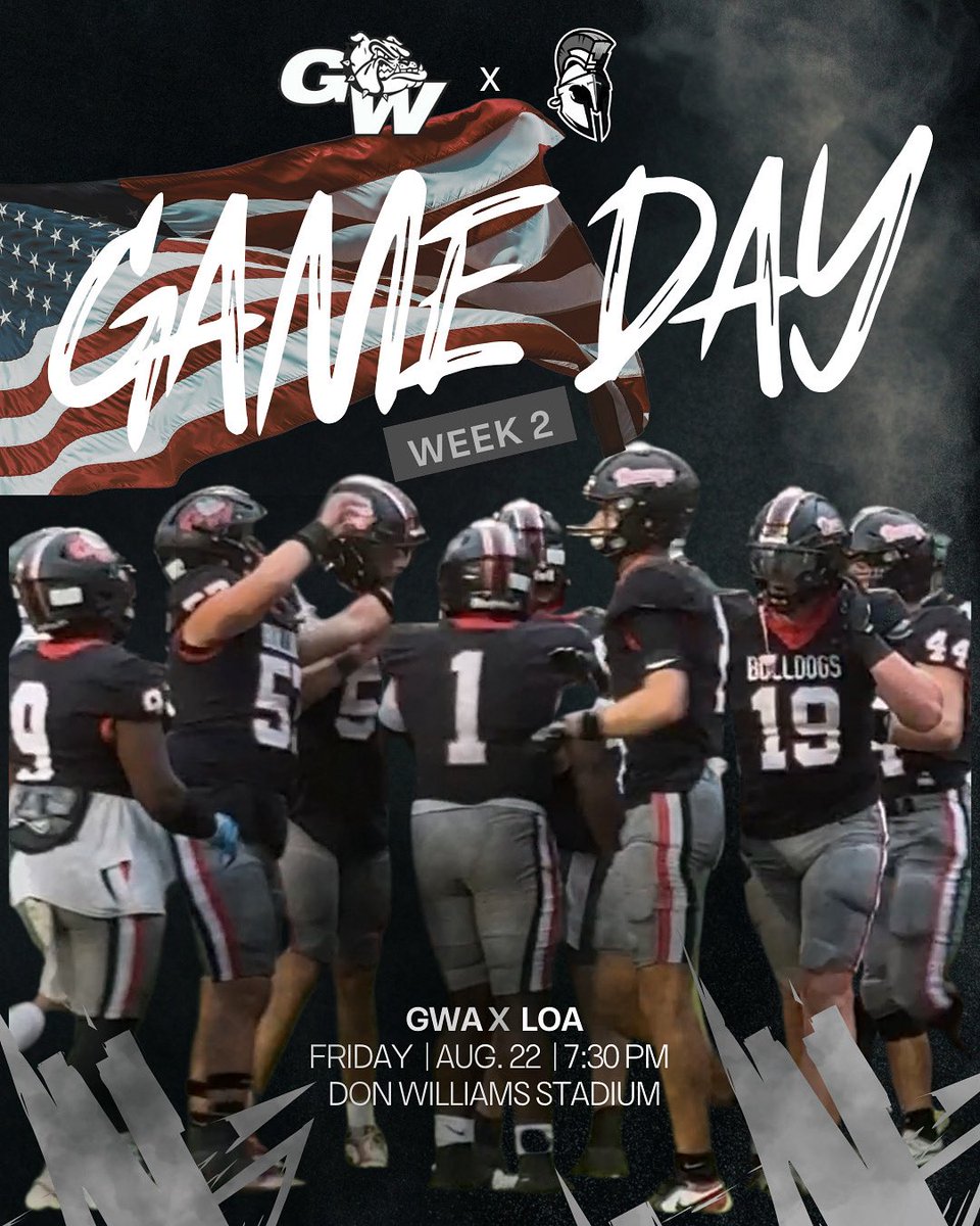 georgewalton's tweet photo. Don’t miss the Bulldogs under the #fridaynightlights as they host the Titans from Lake Oconee Academy. Wear your 🔴⚪️🔵 and GO DAWGS!🐶

#gwafootball #gwacheer #gwaband #gwaathletics #giaasports https://t.co/gc3hrHhsXu