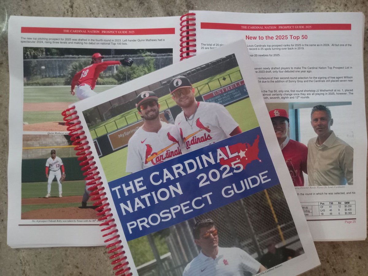 The final in stock printed book copies of The Cardinal Nation's #STLCards 2025 Prospect Guide are on sale at 20% off, just $35.95. When they are gone, they are gone, with no reprinting planned, so do not wait! thecardinalnation.com/order-tcns-202…
