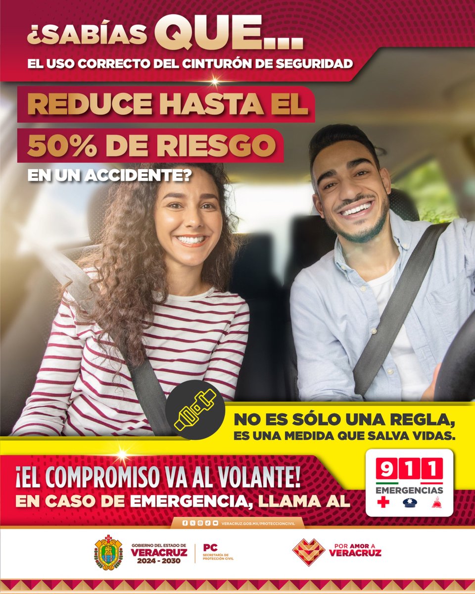 ¡Protege tu seguridad y la de tu familia! 👨‍👩‍👧‍👦

Reduce hasta 50% el riesgo en un accidente de auto utilizando el cinturón de seguridad. 🚘 ¡Prevenir es vivir!

En caso de emergencia, llama al ☎️ 911.