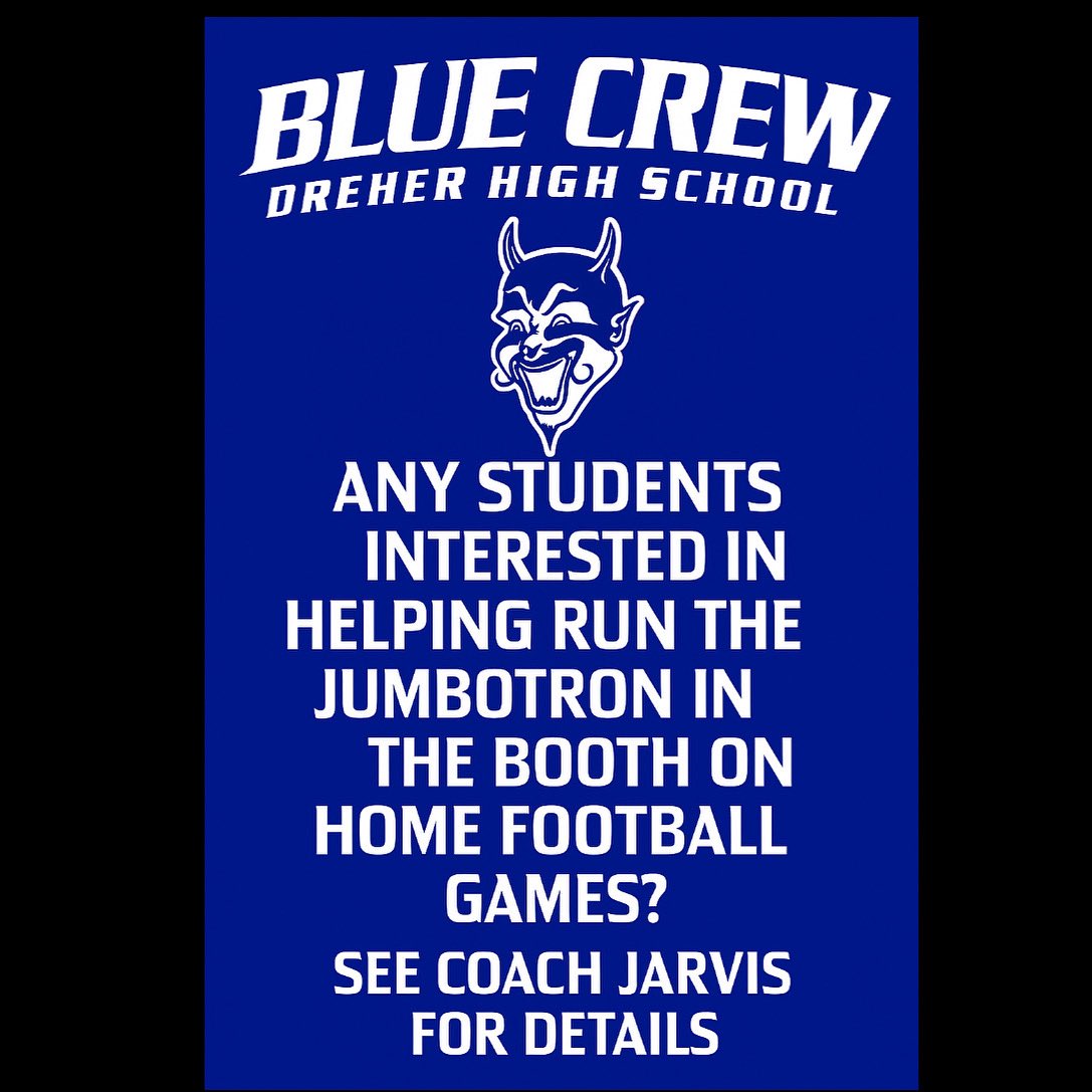 Dreher Athletics (@dreherathletics) on Twitter photo Would you like to help create Friday night lights atmosphere for <a href="/DreherFootball/">Dreher Football</a> ? Are you interested in learning Jumbotron and possible camera operation? We need you. Looking for 2-3 committed students to help us out. <a href="/DreherHigh/">Dreher High School</a>  <a href="/DreherSaac/">Dreher SAAC</a> Would you like to help create Friday night lights atmosphere for <a href="/DreherFootball/">Dreher Football</a> ? Are you interested in learning Jumbotron and possible camera operation? We need you. Looking for 2-3 committed students to help us out. <a href="/DreherHigh/">Dreher High School</a>  <a href="/DreherSaac/">Dreher SAAC</a>
