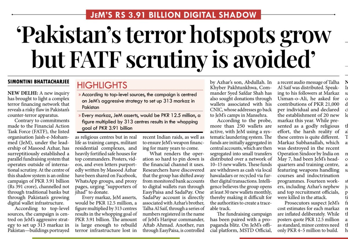 Simontini Bhattacharjee (@simontinib) on Twitter photo 🚨JeM raises PKR 3.91B via EasyPaisa & SadaPay wallets, bypassing FATF. 313 militant hubs planned; surplus funds for weapons & drones. Pakistan’s 🇵🇰“compliance” is a facade.
👉🏻my report for <a href="/mpostdigital/">MillenniumPost</a> 🔗 millenniumpost.in/nation/pakista…
#TerrorFinance #JeM #FATF 🚨JeM raises PKR 3.91B via EasyPaisa & SadaPay wallets, bypassing FATF. 313 militant hubs planned; surplus funds for weapons & drones. Pakistan’s 🇵🇰“compliance” is a facade.
👉🏻my report for <a href="/mpostdigital/">MillenniumPost</a> 🔗 millenniumpost.in/nation/pakista…
#TerrorFinance #JeM #FATF