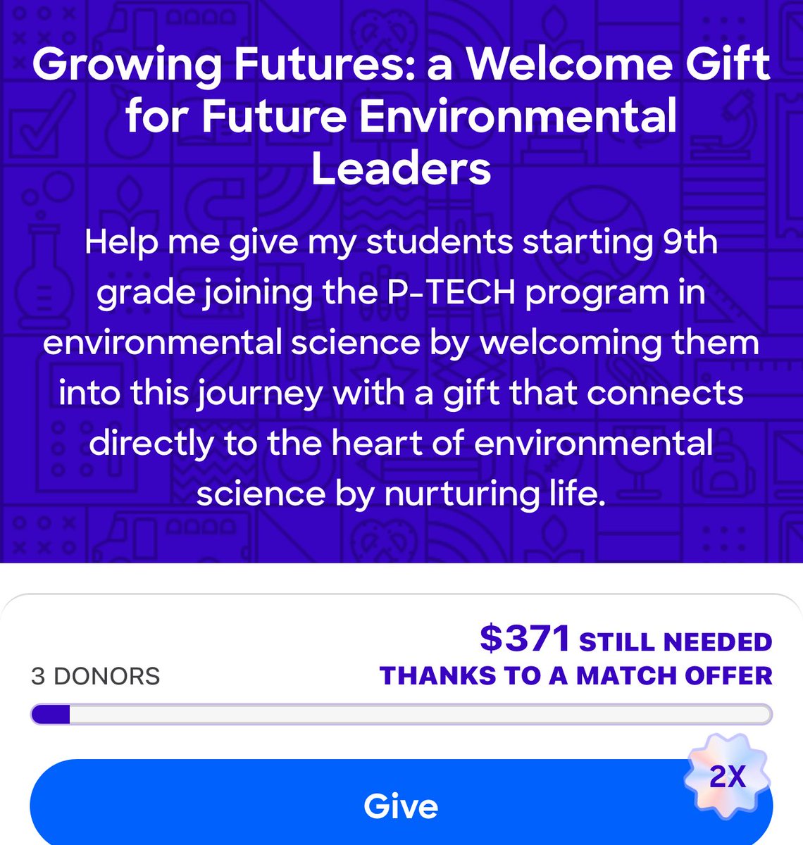 Hello and thank you. Please, help me give my students starting 9th grade joining the P-TECH program in environmental science by welcoming them into this journey w/ a gift that connects directly to the ❤️of environmental science by nurturing life. <a href="/Google/">Google</a> secure.donorschoose.org/project/growin…