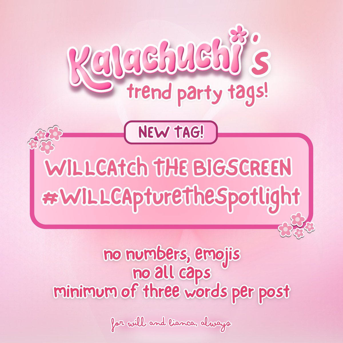 catchers, attendance check! 

RT + reply “willca main leads” a-z with our tags to make your attendance count!

goal: one thousand replies

WILLCAtch THE BIGSCREEN
#WILLCAptureTheSpotlight