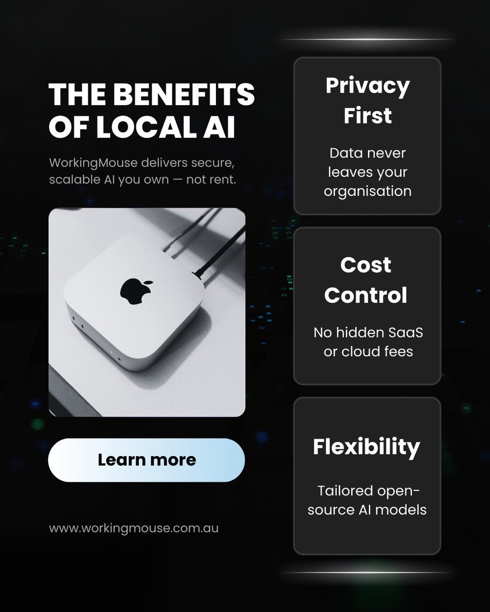 WorkingMouse_'s tweet image. Why Local AI?

Organisations are under pressure to adopt AI - but rising SaaS fees and data sovereignty concerns make cloud solutions risky.

At WorkingMouse, we help organisations prove ROI with self-hosted AI solutions.

#LocalAI #AI #DigitalTransformation #DataPrivacy