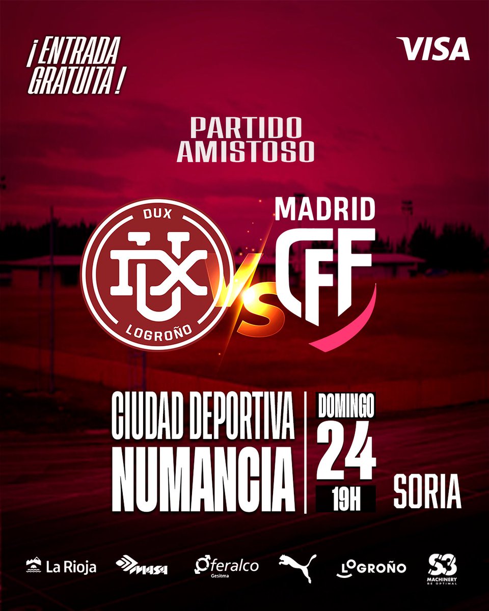 🔴 📢 Doble sesión de partidos ⚽️ para esta semana. Cerramos la pretemporada frente al Madrid CFF  en Soria 💪🍇

@duxlogrono ⚔️ @Madridcff
 
🗓️ Domingo 24 de Agosto
⏰ 19:00 horas
🏟️ Ciudad Deportiva Numancia (Soria)
🎟️ Entrada Gratuita

#GoDUX #Segimoscreciendo