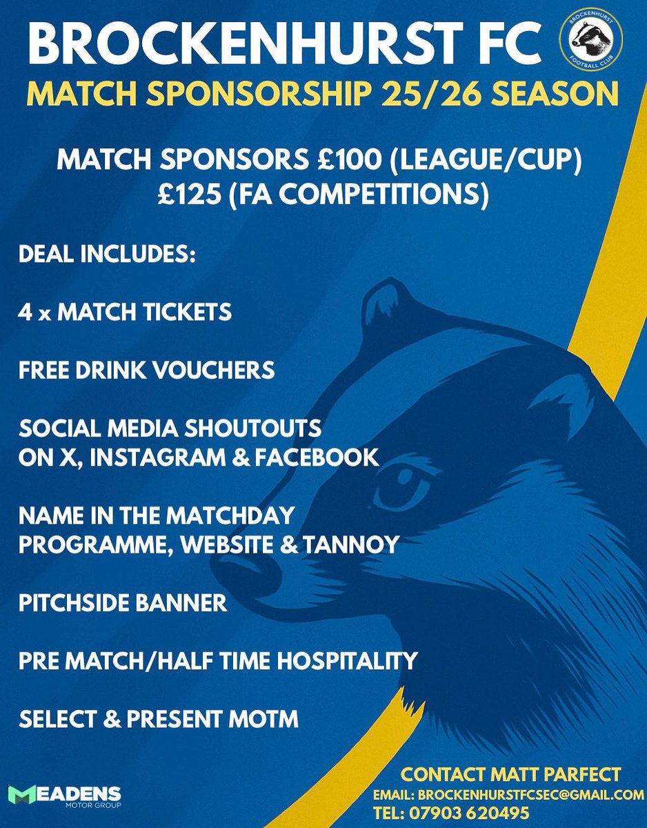 Brockenhurst FC (@brock_fc) on Twitter photo MATCH SPONSORSHIP NEEDED
We are looking for a Match Sponsor for our Southampton Senior Cup Match with <a href="/LyndhurstFc/">Lyndhurst FC</a> a week Tuesday 02/09
Only £50 to Sponsor, you get 2 Matches Tickets & 2 Bar Drinks & Chose Man of the Match
Please email Matt at brockenhurstfcsec@gmail.com MATCH SPONSORSHIP NEEDED
We are looking for a Match Sponsor for our Southampton Senior Cup Match with <a href="/LyndhurstFc/">Lyndhurst FC</a> a week Tuesday 02/09
Only £50 to Sponsor, you get 2 Matches Tickets & 2 Bar Drinks & Chose Man of the Match
Please email Matt at brockenhurstfcsec@gmail.com