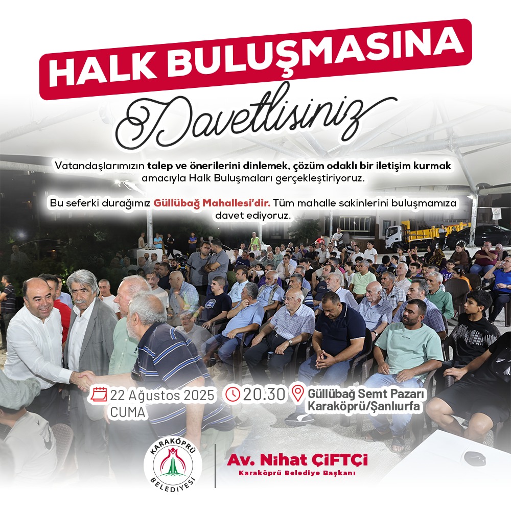 Vatandaşlarımız ile buluşuyor, talep ve önerilerini dinliyoruz. 

Yarın Güllübağ Mahallesi'nde düzenleyeceğimiz Halk Buluşması'na tüm mahalle sakinlerimiz davetlidir. 

#Şanlıurfa #Karaköprü
#KaraköprüBenimEvim