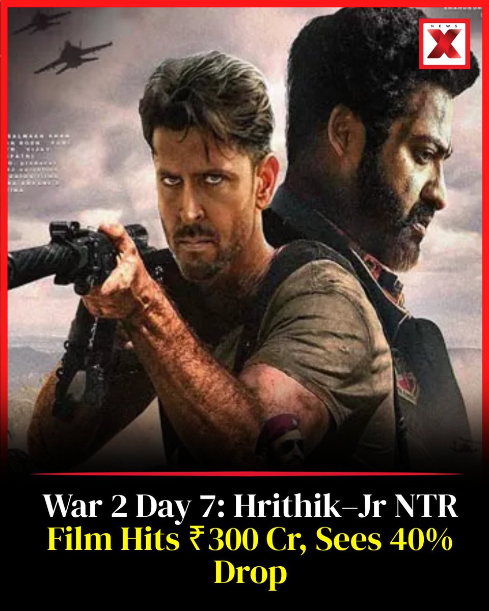 NewsX's tweet photo. Hrithik Roshan and Jr NTR’s action-packed War 2 storms past the ₹300 crore mark at the worldwide box office in just 7 days! However, the film faced a 40% dip in collections.
#War2 #HrithikRoshan #JrNTR #BoxOffice #Bollywood #War2Collection #300CroreClub https://t.co/E5lVAKeNeJ