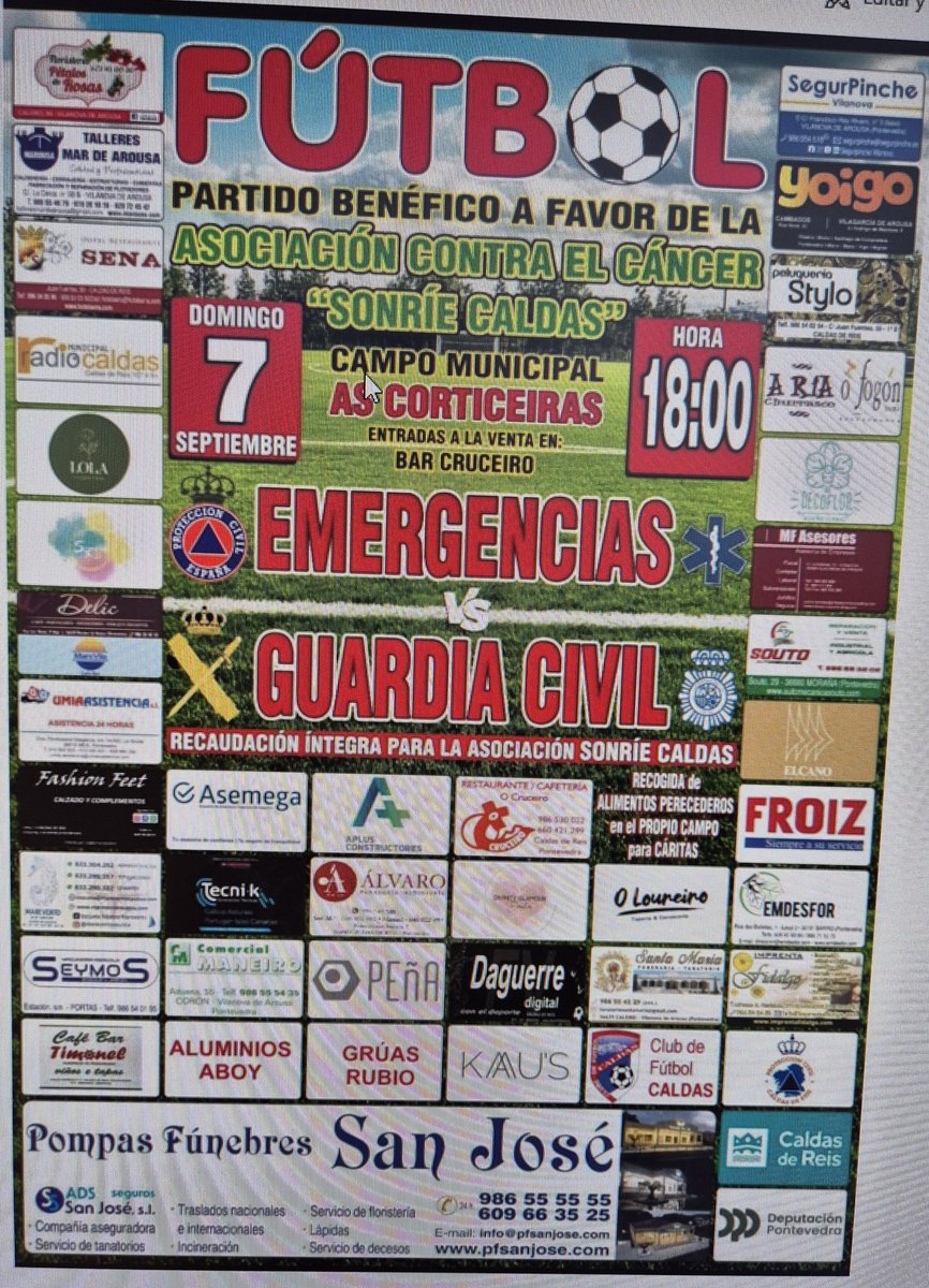 guardiacivilPon's tweet photo. El próximo 7 de septiembre a las 17 horas, esta previsto un partido de fútbol  en beneficio de la Asociación contra el cáncer  #SONRIECALDAS.
EQUIPOS DE EMERGENCIAS CONTRA GUARDIA CIVIL.
La recaudación irá integramente para  la asociación. 
Te esperamos!!! https://t.co/UWiPubKxhz