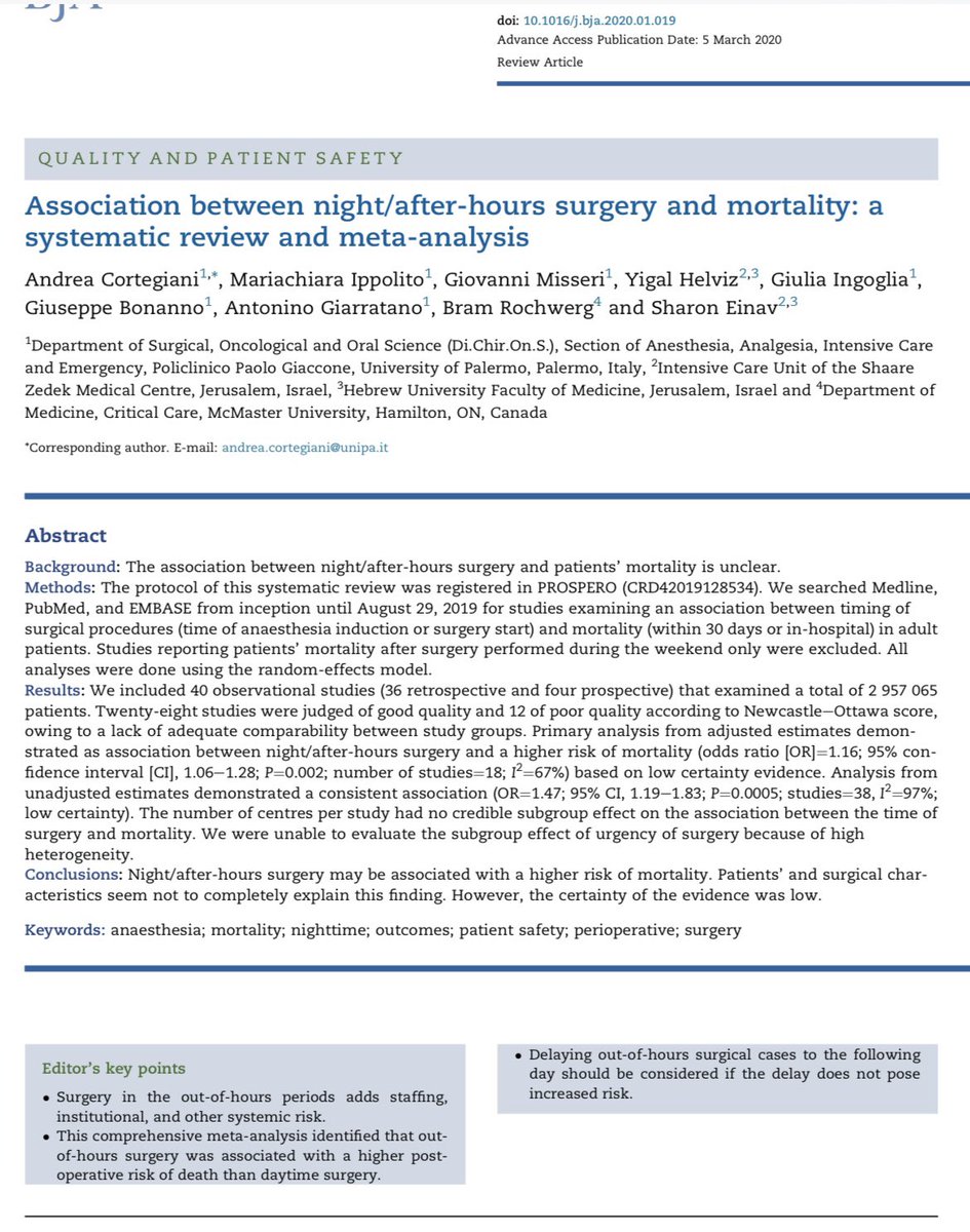 Mesai saatleri dışında, gece saatlerinde yapılan ameliyatlarda mortalite artabilir, nedeni yalnızca hasta özellikleri ile ilgili değil. bjanaesthesia.org/action/showPdf…