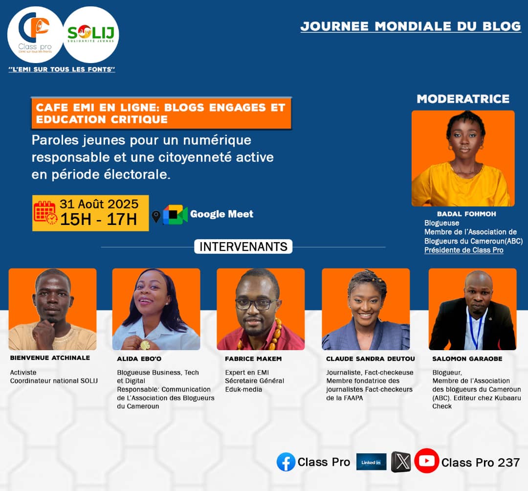ClassPro_237's tweet image. Café EMI – Journée mondiale du blog 
Thème : Blogs engagés &amp;amp; éducation critique : paroles jeunes pour un numérique responsable et une citoyenneté active 🗳️💻

🗓️ 31 août | 15h-17h (GMT+1) | Google Meet
👉🏿 Inscrivez-vous : docs.google.com/forms/d/1vxyv2…

#CaféEMI #BlogDay #ClassPro