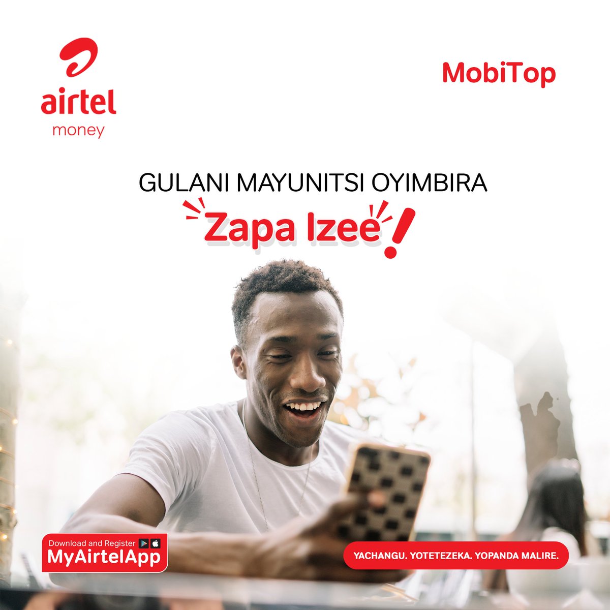 𝗚𝗨𝗟𝗔𝗡𝗜 𝗠𝗔𝗬𝗨𝗡𝗜𝗧𝗦𝗜 𝗣𝗔 𝗙𝗢𝗡𝗜 𝗣𝗔𝗡𝗨.....𝗭𝗔𝗣𝗔 𝗜𝗭𝗘𝗘!
​
Wonjezerani mayunitsi mu foni mwanu ndi wallet yanu ya Airtel Money. Gwiritsani MyAirtelApp kapena imbani *211# ndi kusankha 1 kuti mugule mayunitsi oyimbira foni. 

#DigitalRecharge #ZapaIzee