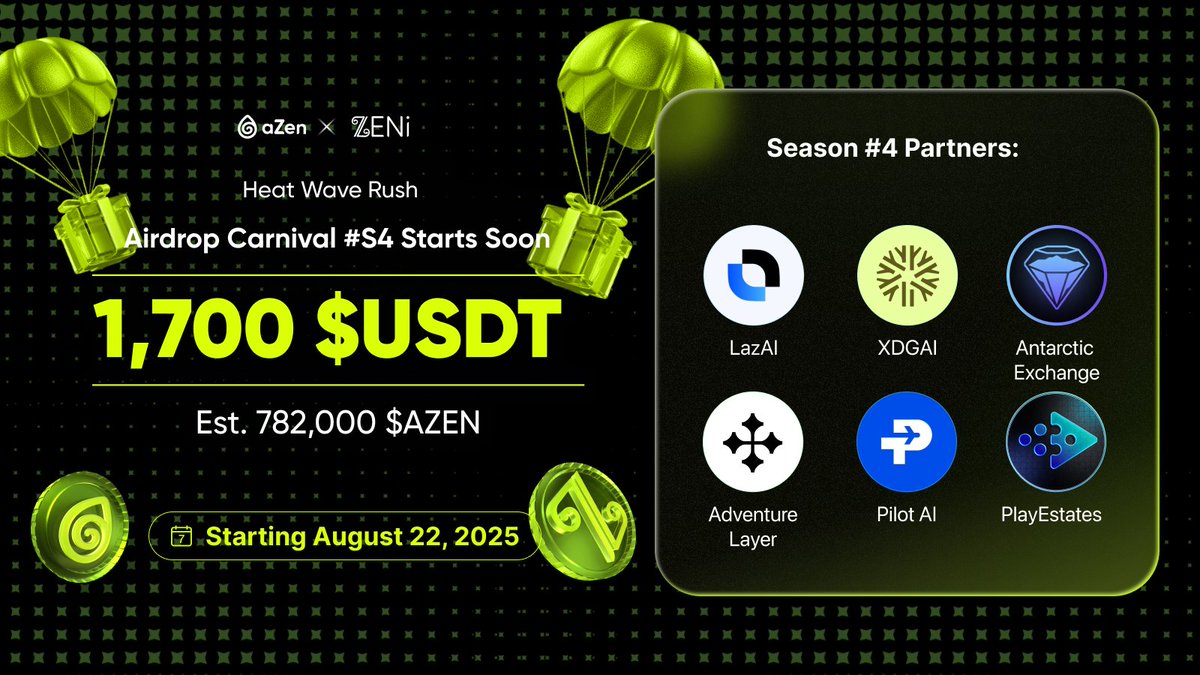 aZen (@azen_protocol) on Twitter photo 🔥 HeatWave Rush Airdrop Carnival #S4 is coming!
💰 Prize Pool: 1,700 $USDT / Est. 782,000 $AZEN
📅 Duration: August 22 – 29, 2025
🎯 Welcome our partners:
<a href="/LazAINetwork/">LazAI</a>
<a href="/xdgainet/">XDGAI</a>
<a href="/Antarctic_Ex/">Antarctic Exchange</a>
<a href="/AdventureLayer/">Adventure Layer</a>
<a href="/PlayEstates/">PlayEstates</a>
<a href="/Pilot_Agent/">Pilot AI</a>
🏆 All rewards will be sent directly to 🔥 HeatWave Rush Airdrop Carnival #S4 is coming!
💰 Prize Pool: 1,700 $USDT / Est. 782,000 $AZEN
📅 Duration: August 22 – 29, 2025
🎯 Welcome our partners:
<a href="/LazAINetwork/">LazAI</a>
<a href="/xdgainet/">XDGAI</a>
<a href="/Antarctic_Ex/">Antarctic Exchange</a>
<a href="/AdventureLayer/">Adventure Layer</a>
<a href="/PlayEstates/">PlayEstates</a>
<a href="/Pilot_Agent/">Pilot AI</a>
🏆 All rewards will be sent directly to