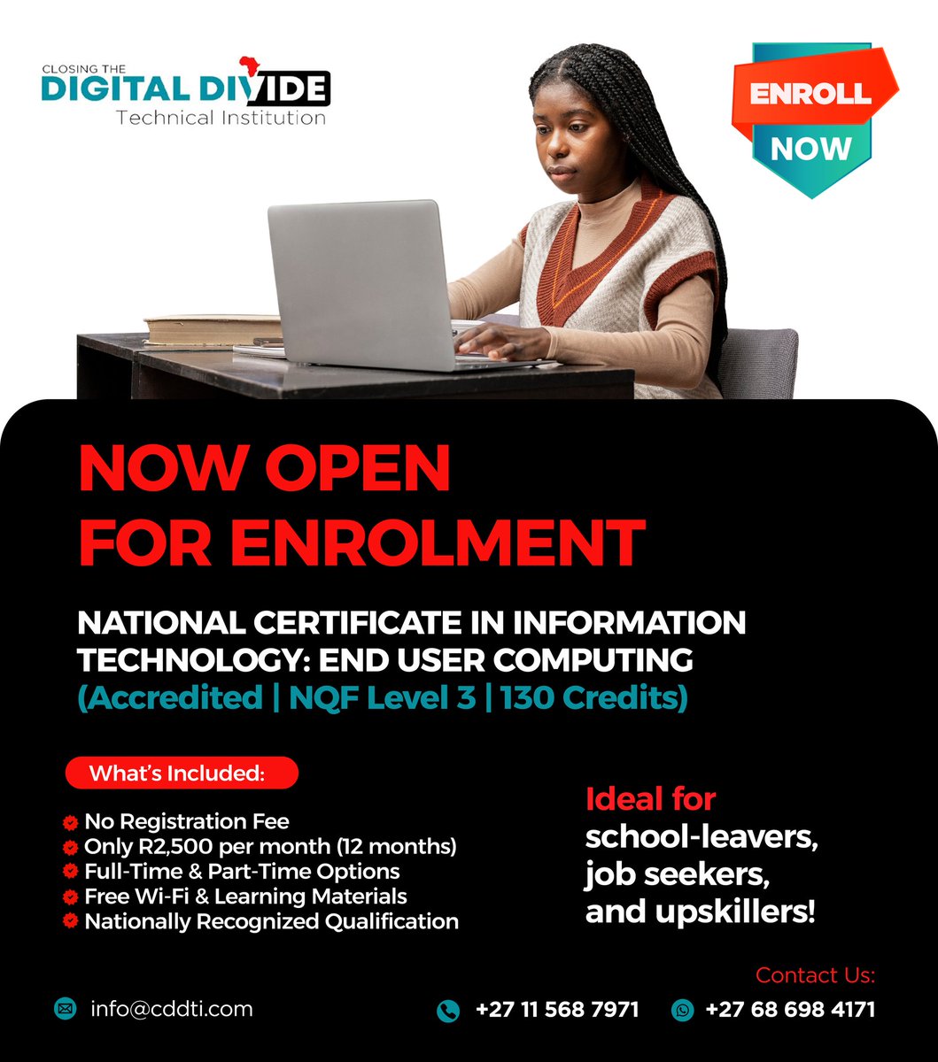 cddti_za's tweet image. #EnrolNow : NATIONAL CERTIFICATE IN INFORMATION TECHNOLOGY: END USER COMPUTING
⏰ Duration: 12 Months (On Campus)
💰 Monthly Fee: R2 500
Gain essential skills in hardware, software, and networking, and boost your productivity. Get certified, get ahead! #EndUserComputing