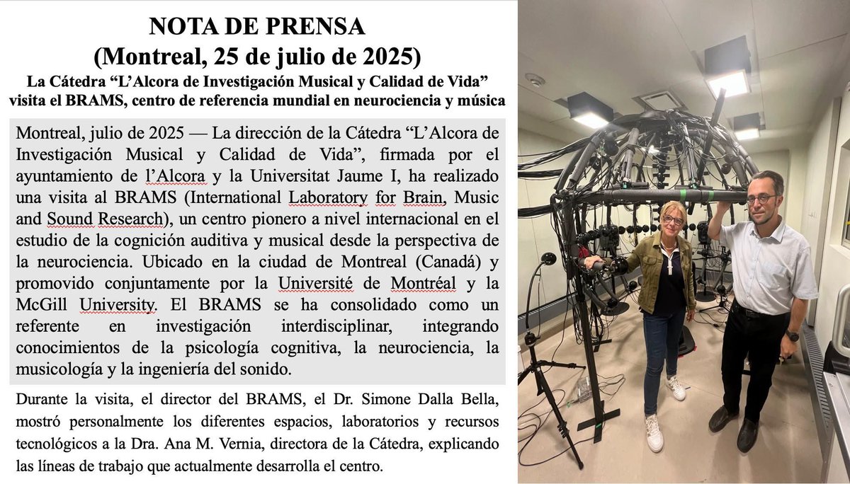 La Cátedra “L’Alcora de Investigación Musical y Calidad de Vida” visita el BRAMS, centro de referencia mundial en neurociencia y música
— La dirección de la Cátedra “L’Alcora de Investigación Musical y Calidad de Vida”…