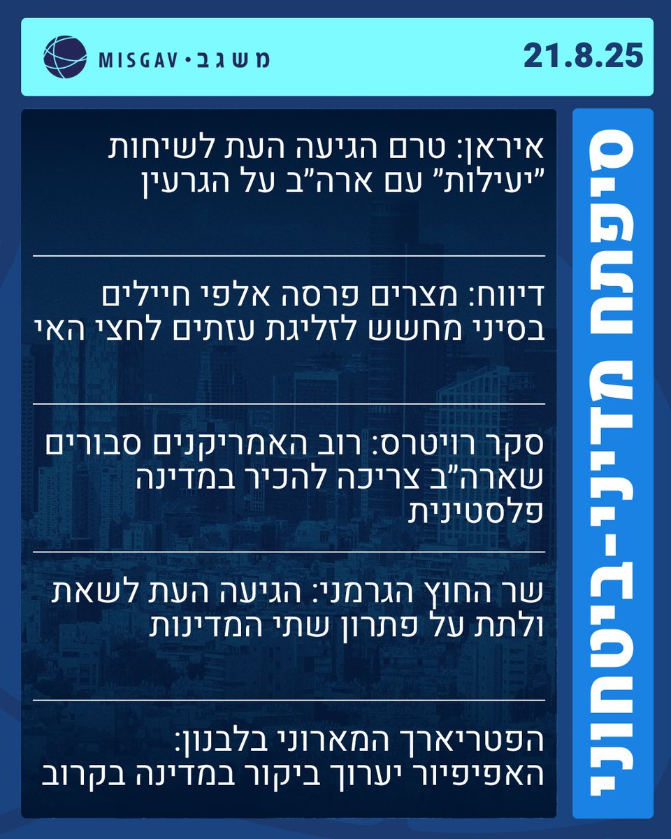 ספתח מדיני-ביטחוני, 21.8.25

חמש כותרות נוספות שכדאי להכיר, מאת מכון משגב, בראשות מאיר בן שבת.
©️
1. איראן: טרם הגיעה העת לשיחות ״יעילות״ עם ארה״ב על הגרעין
שר החוץ האיראני, עראקצ׳י, הצהיר כי בטהרן מאמינים שטרם בשלה העת לשיחות ״יעילות״ עם ארה״ב על תוכנית הגרעין שלה. עראקצ׳י הוסיף