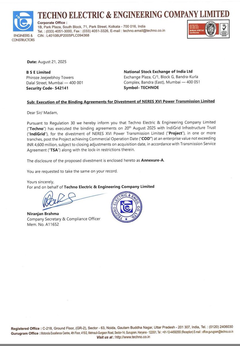 Rajkulheri's tweet image. #TECHNOE 
Techno Electric executed binding agreements to divest NERES XVI Power Transmission Ltd to IndiGrid.
- The enterprise value is capped at INR 460 crore.
- Project commissioning expected by Dec 2026.
- IndiGrid to acquire entire shareholding post-commissioning and
