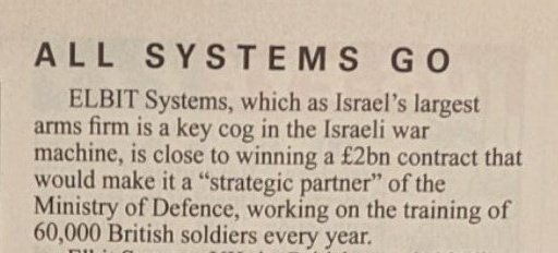 Harry Eccles (@heccles94) on Twitter photo Looks like the UK govt are about to give Elbiet Systems, an Israeli weapons manufacturer, a £2,000,000,000 contract mid-genocide.
Source: <a href="/PrivateEyeNews/">Private Eye Magazine</a> Looks like the UK govt are about to give Elbiet Systems, an Israeli weapons manufacturer, a £2,000,000,000 contract mid-genocide.
Source: <a href="/PrivateEyeNews/">Private Eye Magazine</a>