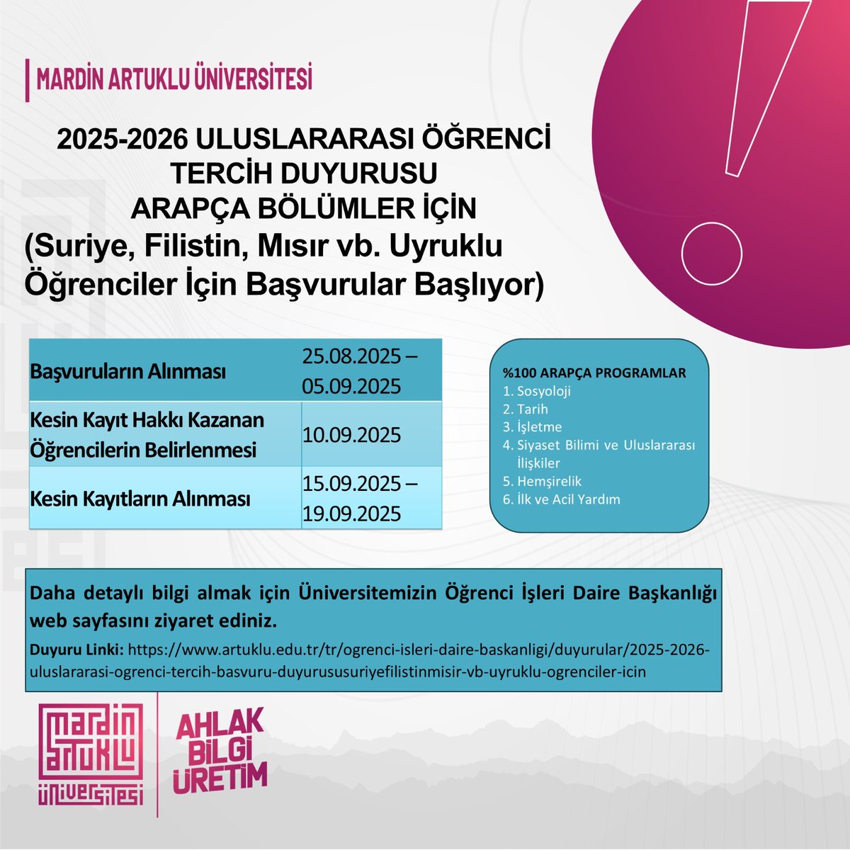 %100 Arapça Bölümlerimiz için Uluslararası Öğrenci Başvurularımız başlamıştır.

Link: artuklu.edu.tr/tr/ogrenci-isl… 

<a href="/ibrahimozcosar/">ibrahim özcoşar</a> 
<a href="/resityildiz79/">Reşit YILDIZ</a> 
<a href="/mardinartuklu/">Mardin Artuklu Üniversitesi</a>