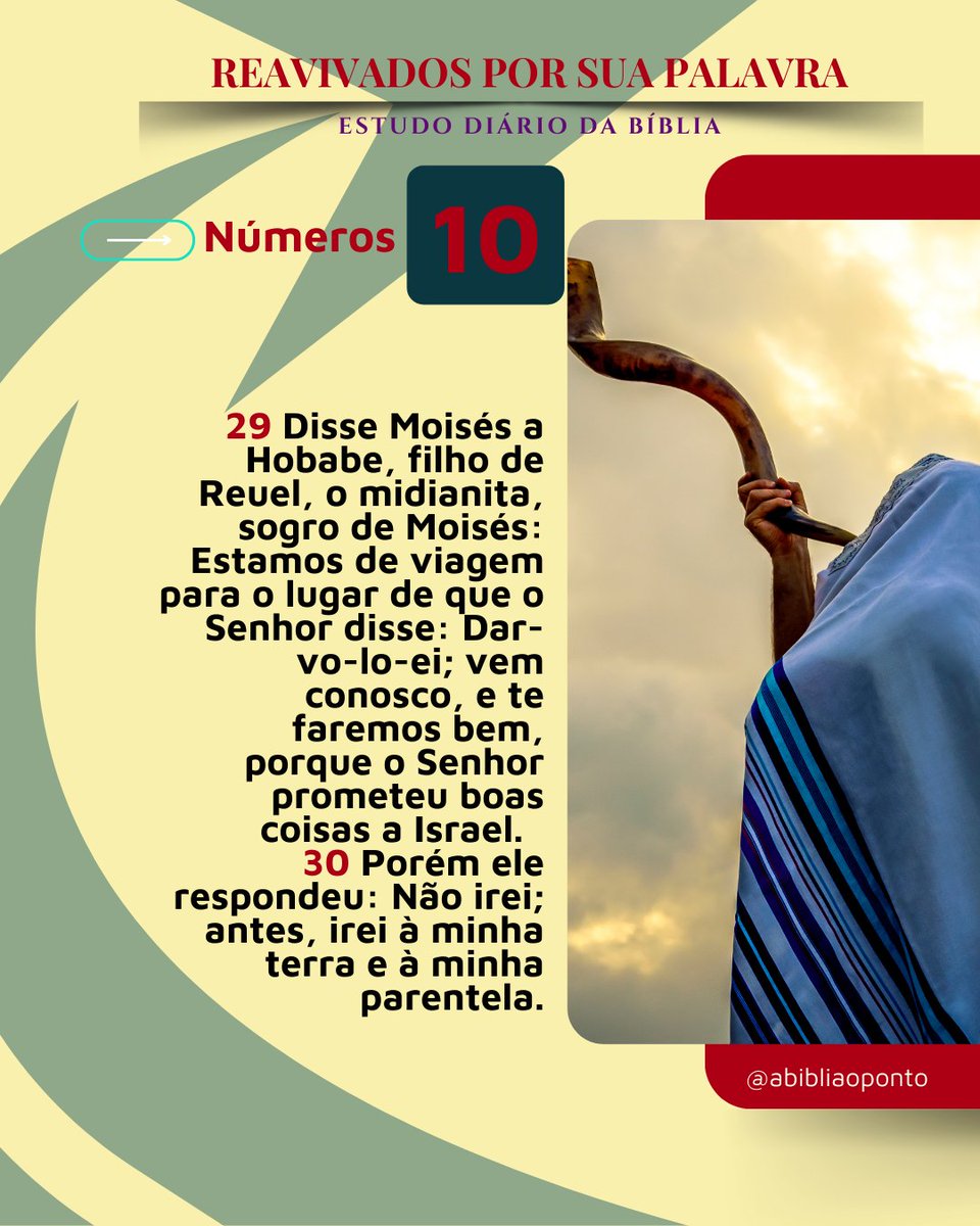 prwalmeida's tweet photo. rpSp - Nm10 | #oChamado
Esse contraste é poderoso e apelativo: enquanto Deus abre o caminho e anuncia Sua direção com o toque das trombetas, há corações que ainda preferem permanecer imóveis. O som que deveria despertar, animar e mover, em Hobabe encontra resistência e recusa.
Aqui está a pergunta que ecoa: quando Deus sopra Suas trombetas em nossa vida, qual é a nossa resposta? Será que dizemos como Hobabe: “Não irei”? Ou nos levantamos com fé, mesmo sem ver o fim da estrada?