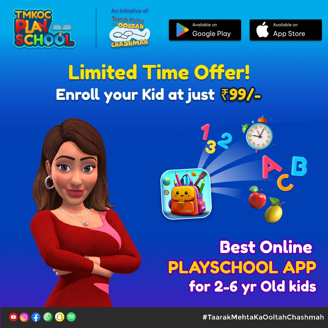 Play. Learn. Grow.
Enroll your little one at TMKOC Play School today for just ₹99/- Perfect for kids aged 2–6 yrs 👶

Download now
Google Play Store: play.google.com/store/apps/det…

Apple Test Flight: testflight.apple.com/join/SYgGKcAG

#tmkocplayschool #gamifiedlearning #tarakmehtakaultachashma
