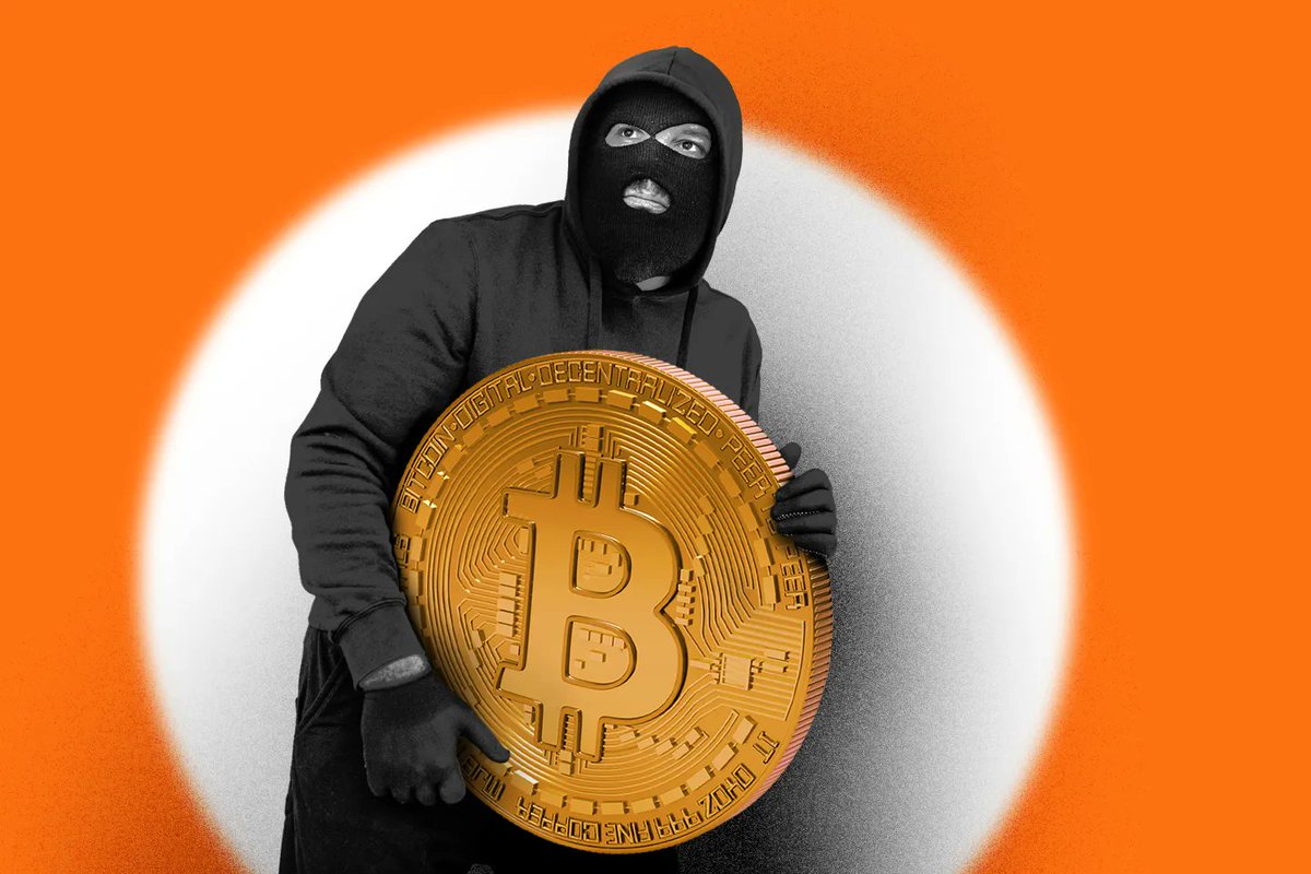 ビットコインのコインを持つ暗号窃盗者のイラスト