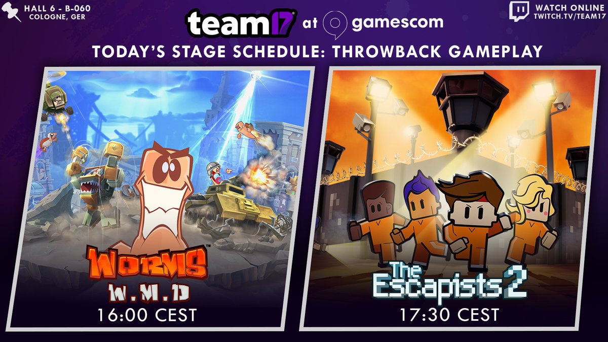 Team17's tweet photo. It's Day 2 at @gamescom and we've got some treats for you! Head over to our booth in Hall 6 to catch us LIVE on stage playing some classic throwback gameplay🎮 

Not at Gamescom? Catch us on stream at https://t.co/05myg3TAMA https://t.co/ToSmCim8TV