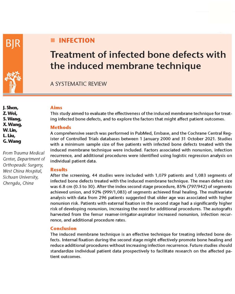 BoneJointRes's tweet photo. This study aimed to evaluate the effectiveness of the induced membrane technique for treating infected bone defects, and to explore the factors that might affect patient outcomes.

#BJR #Infection #Patient #Orthopedics

https://t.co/wVpCmmxuL3 https://t.co/aqVt0IY9Ao