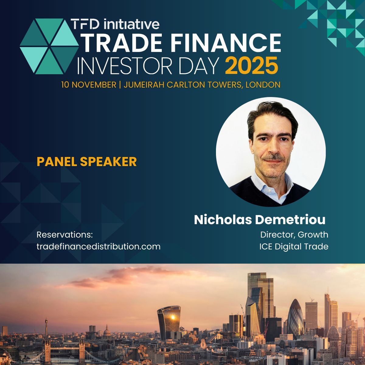 TFDInitiative's tweet photo. We’re excited to announce Nicholas Demetriou, Director of Growth @ ICE Digital Trade, as a speaker at #TFDi2025!

He’ll share insights on the future of digital trade docs, interoperability,  how digitisation is transforming liquidity + compliance in trade finance.
#DigitalTrade https://t.co/QCfv8uvhJv