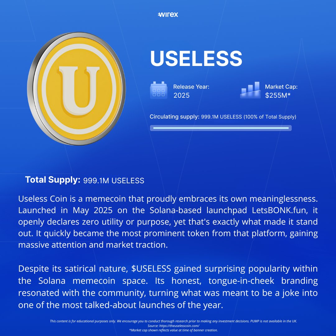 로고, 출시 연도, 시가총액, 설명을 포함한 Useless Coin 인포그래픽