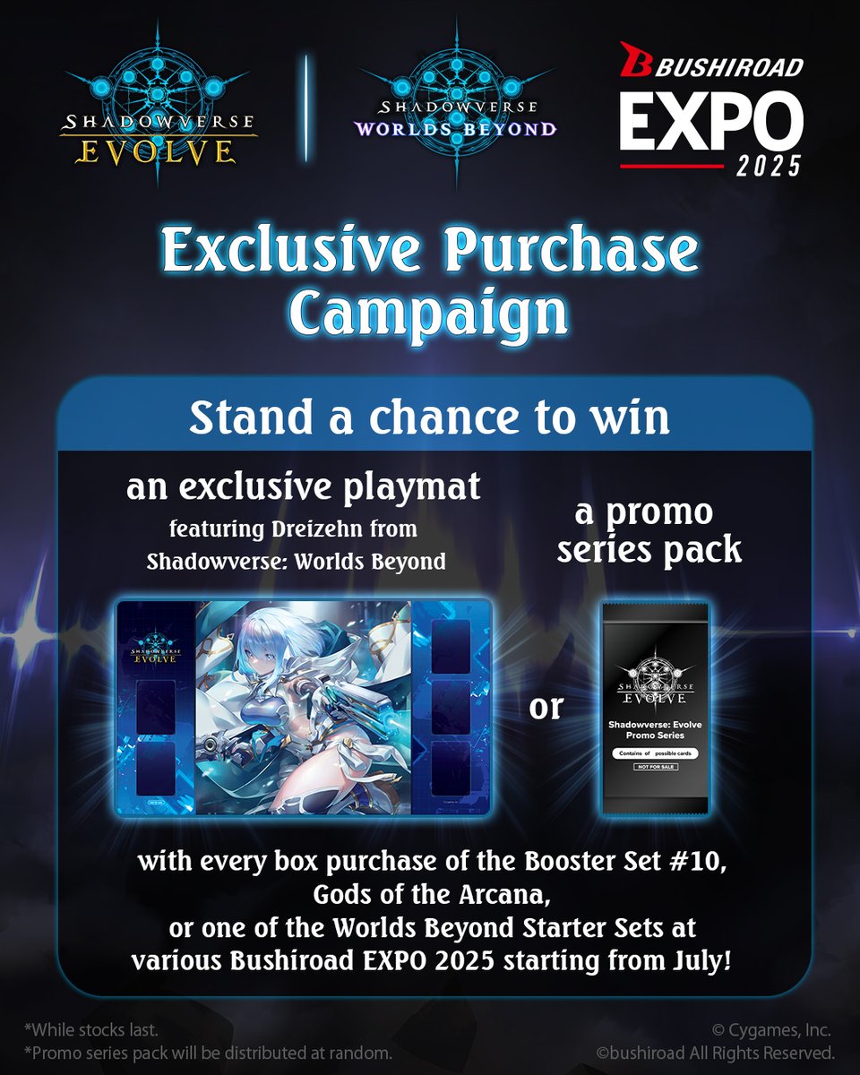 svevolve_en's tweet photo. Pop by the Bushiroad Card Game Festival 2025 in Singapore at #TableConQuest this weekend to receive an exclusive promo card with every purchase!
Don't miss your chance to win an exclusive playmat featuring Dreizehn from Shadowverse: Worlds Beyond as well!
๐ https://t.co/sBd5pExMMf
#Shadowverse #ShadowverseEvolve #ShadowverseWB