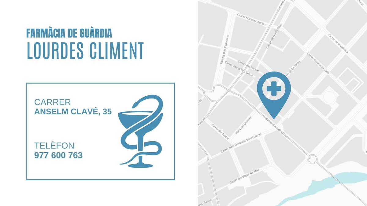 Bon dia, avui a #Valls la farmàcia de guàrdia és Lourdes Climent, al carrer Anselm Clavé, 35.
#FarmàciaGuardiaValls