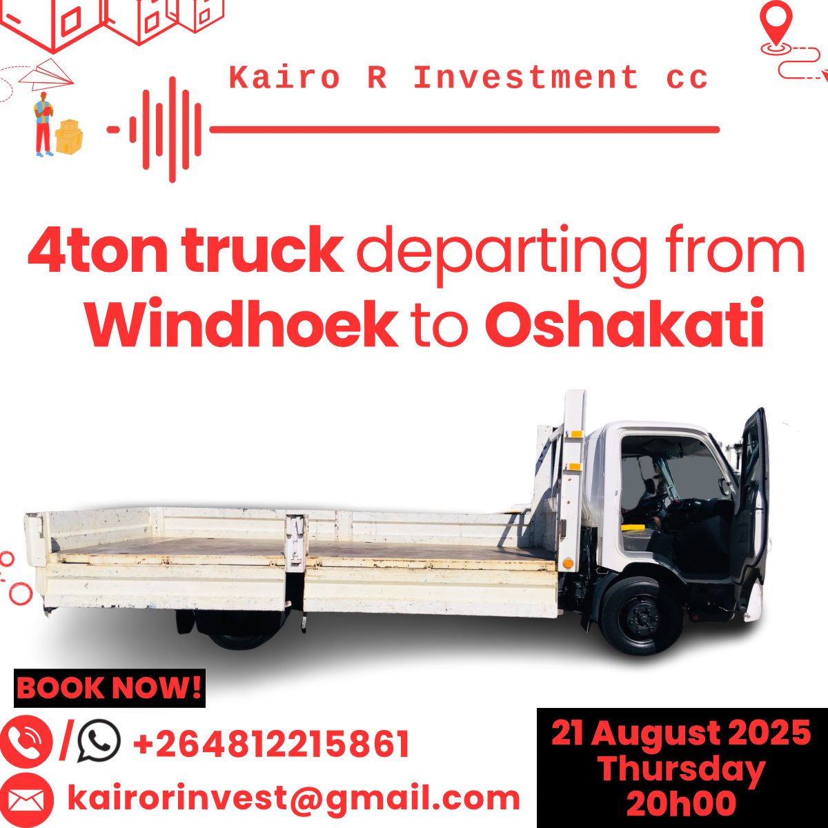 kairo_r_invest's tweet photo. For all logistics bookings and to send any commodities.
Call/WhatsApp: +264 81 22 15861
Email: kairorinvest@gmail.com 
#transportation #transportationinwindhoek #windhoektransportation https://t.co/ddpEoVB9iQ