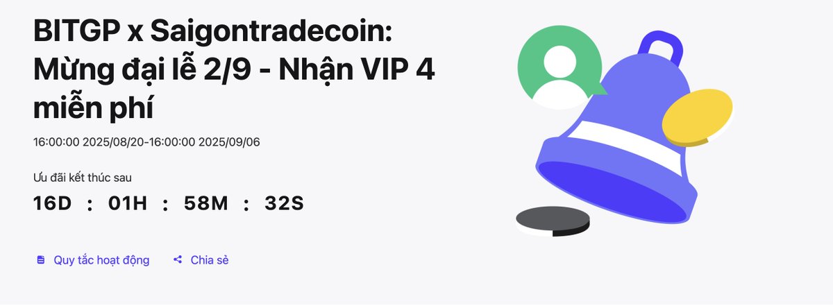 phamduydong179's tweet photo. ✅ BITGP x Saigontradecoin: Mừng đại lễ 2/9 - Nhận VIP 4 miễn phí
💠Trải nghiệm sàn giao dịch #Bitgp với mức phí chỉ 0.012% - 0.035% trong hai tháng.
💠 Điều kiện: tất cả những tài khoản đăng ký dưới link của #STC 
- Nếu chưa có tài khoản có thể đăng ký tại đây: https://t.co/r4uPXY4iJ9
- Xác minh danh tính.
- Đăng ký tham gia tại đây: https://t.co/cTU8Z8I59j
📆 Thời gian đăng ký: 16h:00:00 2025/08/20-16h:00:00 2025/09/06